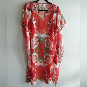 JC Sunny Orange & White Floral & Crane Print Kimono Style Coverup NWT